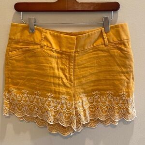 LOFT Linen Blend Riviera Embroidered Scalloped Hem Shorts Mustard Yellow Sz 4